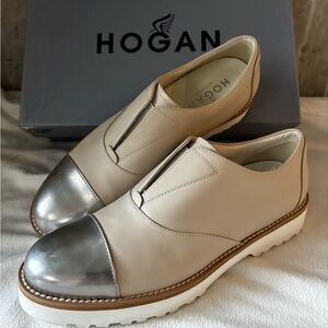 Hogan Cream and Silver Leather Loafers
